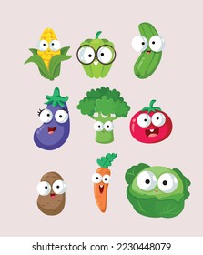 
Funny Cartoon Vegetables Icons Set Collection. Cute and comical groceries smiling looking adorable
