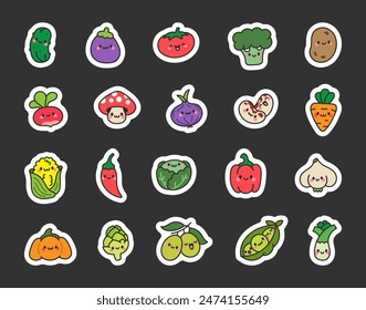 Funny cartoon vegetables. Sticker Bookmark. Kawaii character. Hand drawn style. Vector drawing. Collection of design elements.