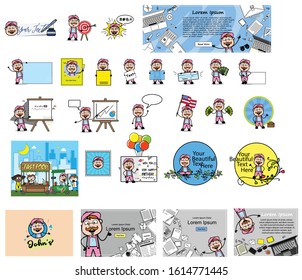 Funny Cartoon Vendor with Many Concepts - Set of Different Vector illustrations