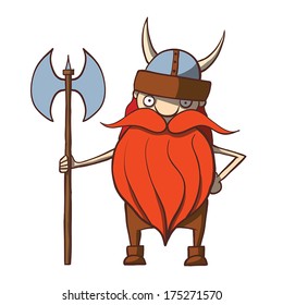 Funny cartoon viking with an ax. Vector illustration