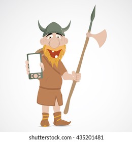 Funny cartoon viking with axe and mobile telephone