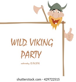 Funny Cartoon Viking With Thump Up And Party Banner