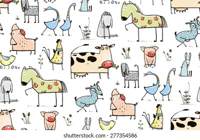 Funny Cartoon Village Domestic Animals Seamless Pattern Background for Kids. Countryside cottage animals illustration for children. Vector EPS10.