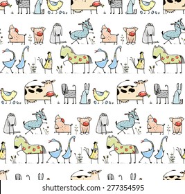 Funny Cartoon Village Domestic Animals Seamless Pattern Background for Kids. Countryside cottage animals illustration for children. Vector EPS10.