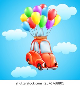 Funny cartoon vintage red car flies with colorful balloons. cute gift auto on blue sky background. vector illustration.