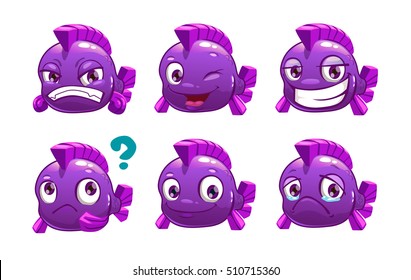 Funny cartoon violet fish character with different emotions on the face. Vector set. Isolated on white.