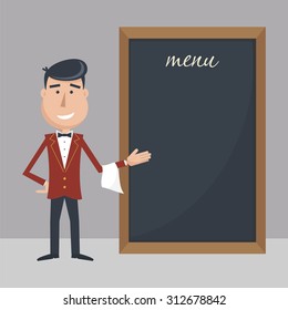 Funny cartoon waiter with menu. Flat vector illustration. EPS 10.