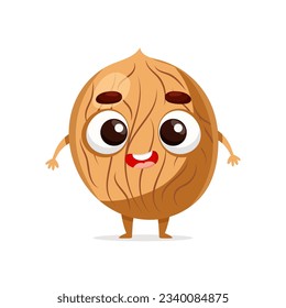 Funny cartoon walnut. Kawaii nut character. Vector food illustration isolated on white background.