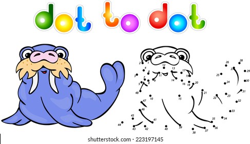 Funny cartoon walrus dot to dot. Vector illustration for child