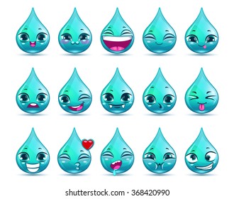 Funny cartoon water drop character with different emotions, vector icons