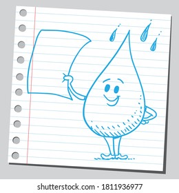 Funny Cartoon Water Droplet Character Holding Empty Paper.