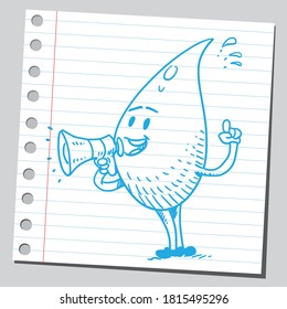 Funny cartoon water droplet character speaking into megaphone. 