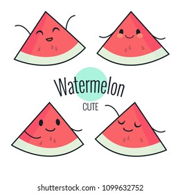 Funny cartoon watermelon character with different emotions on the face. Comic emoticon stickers set. Vector icons, isolated on white. Healthy food