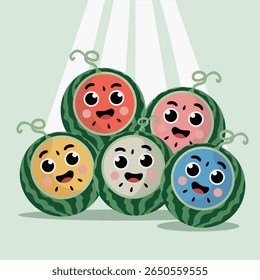Funny cartoon watermelons with faces of various colors, grouped on a light background with light rays, vector concept.