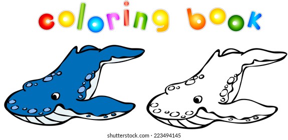 Funny cartoon whale coloring book. Vector illustration for child
