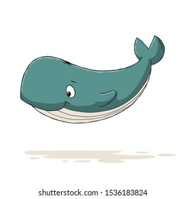 Funny cartoon whale. Hand drawn vector illustration with separate layers.