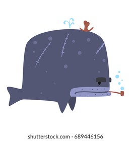 Funny cartoon whale pirate smoking pipe colorful character vector Illustration