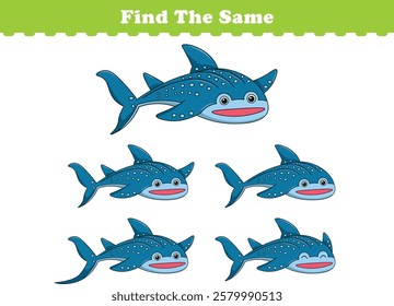 Funny cartoon whale shark. Find same pictures. Educational game for children. Cartoon vector illustration