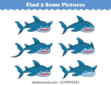 Funny cartoon whale shark. Find two same pictures. Educational game for children. Cartoon vector illustration