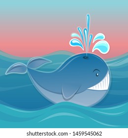 Funny cartoon whale splashing in the ocean waves. Vector illustration