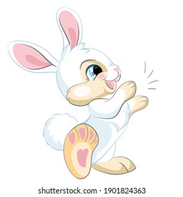 Funny cartoon white rabbit claps his hands. Cute animal. Vector illustration for postcard, posters, nursery design, greeting card, stickers or room decor,nursery t-shirt, kids apparel,invitation, book