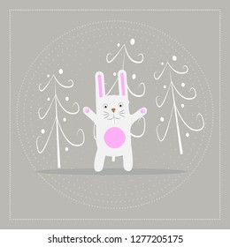 funny cartoon white rabbit in the forest