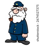 A funny cartoon of a white-bearded old man, a retired captain in a sailor uniform, smoking a pipe. Perfect for stickers, logos, and mascots with a professional or navy theme