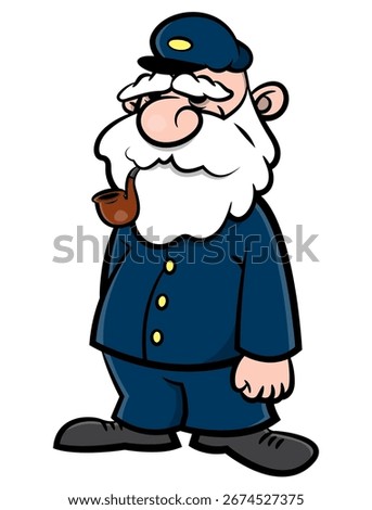 A funny cartoon of a white-bearded old man, a retired captain in a sailor uniform, smoking a pipe. Perfect for stickers, logos, and mascots with a professional or navy theme