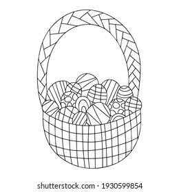 Graciosa cesta de mimbre de caricatura de Pascua con huevos de color como ilustración vectorial. Feliz Pascua página de coloreado vertical imprimible para niños y adultos. Ornamento de la primavera cristiana evento zen arte. Una serie