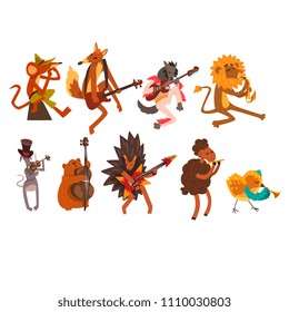 Funny cartoon wild animal characters playing various musical instruments vector Illustrations on a white background