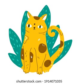 Funny cartoon wild cat sit in jungle leaves. Modern flat style pet vector illustration
