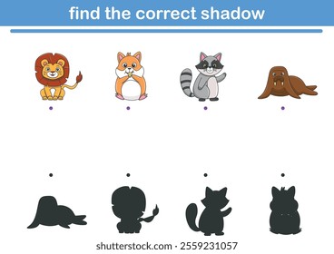 Funny cartoon wild life. Find the correct shadow. Kids Education games. Cartoon vector illustration