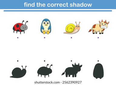 Funny cartoon wild life. Find the correct shadow. Kids Education games. Cartoon vector illustration