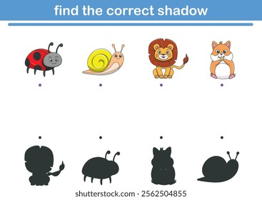 Funny cartoon wild life. Find the correct shadow. Kids Education games. Cartoon vector illustration