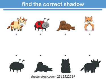 Funny cartoon wild life. Find the correct shadow. Kids Education games. Cartoon vector illustration