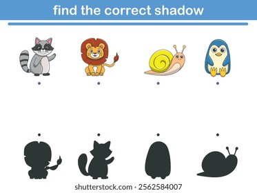 Funny cartoon wild life. Find the correct shadow. Kids Education games. Cartoon vector illustration