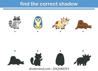 Funny cartoon wild life. Find the correct shadow. Kids Education games. Cartoon vector illustration