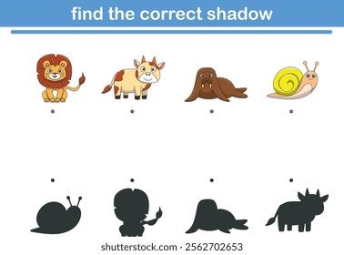 Funny cartoon wild life. Find the correct shadow. Kids Education games. Cartoon vector illustration