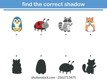 Funny cartoon wild life. Find the correct shadow. Kids Education games. Cartoon vector illustration