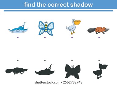 Funny cartoon wild life. Find the correct shadow. Kids Education games. Cartoon vector illustration