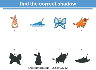 Funny cartoon wild life. Find the correct shadow. Kids Education games. Cartoon vector illustration