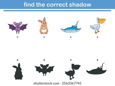 Funny cartoon wild life. Find the correct shadow. Kids Education games. Cartoon vector illustration