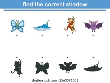 Funny cartoon wild life. Find the correct shadow. Kids Education games. Cartoon vector illustration