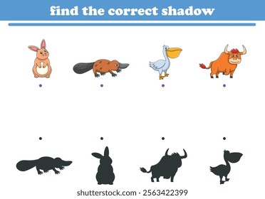 Funny cartoon wild life. Find the correct shadow. Kids Education games. Cartoon vector illustration