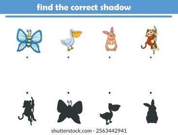 Funny cartoon wild life. Find the correct shadow. Kids Education games. Cartoon vector illustration