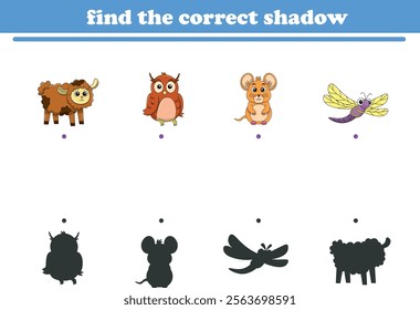 Funny cartoon wild life. Find the correct shadow. Kids Education games. Cartoon vector illustration