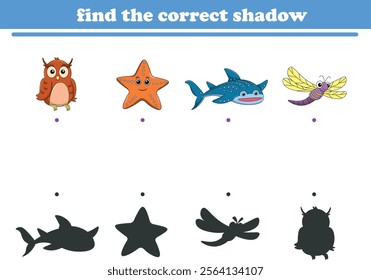 Funny cartoon wild life. Find the correct shadow. Kids Education games. Cartoon vector illustration