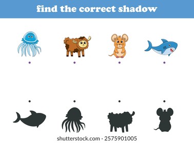 Funny cartoon wild life. Find the correct shadow. Kids Education games. Cartoon vector illustration