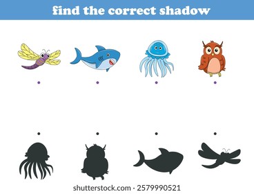 Funny cartoon wild life. Find the correct shadow. Kids Education games. Cartoon vector illustration