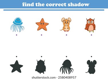 Funny cartoon wild life. Find the correct shadow. Kids Education games. Cartoon vector illustration